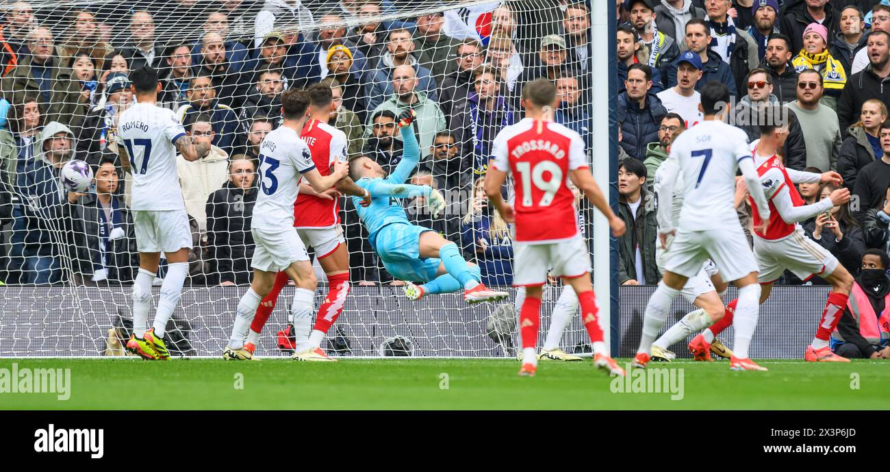 London, UK. 28 Apr 2024 - Tottenham Hotspur v Arsenal - Premier League - Tottenham Hotspur Stadium.                                              Arsenal score their first goal. ( Hojbjerg og )                                      Picture Credit: Mark Pain / Alamy Live News Stock Photo