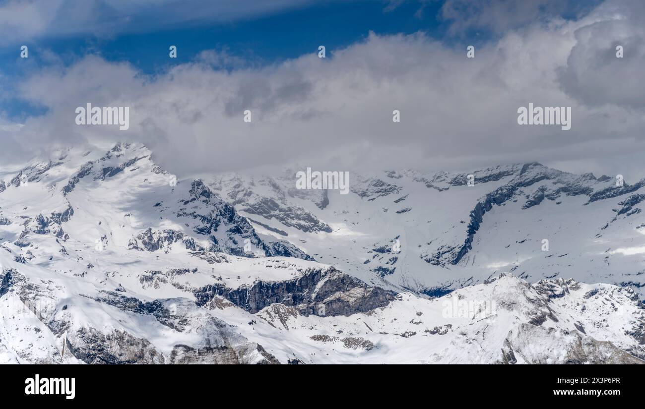 aerial landscape, from a glider plane, with snowy slopes of Monte Rosa ...