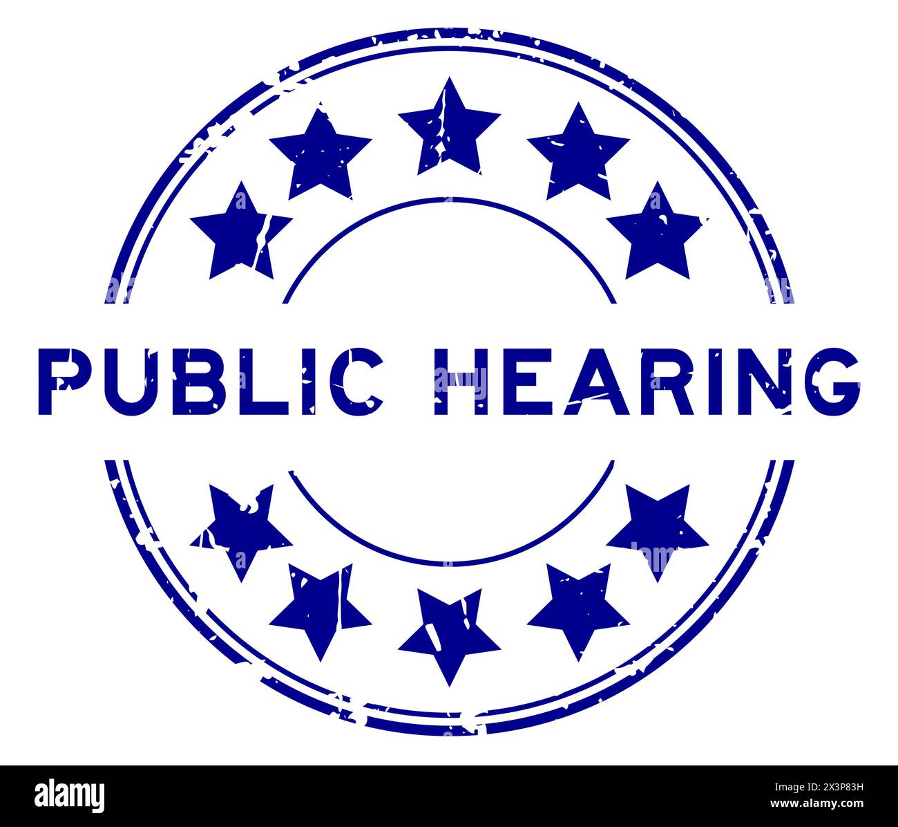 Grunge blue public hearing word with star icon round rubber seal stamp on white background Stock Vector