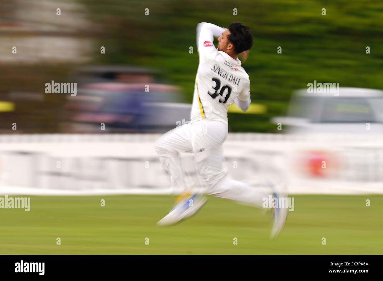 Bristol, UK, 28 April 2024. Gloucestershire's Ajeet Singh Dale bowling during the Vitality County Championship Division Two match between Gloucestershire and Middlesex. Credit: Robbie Stephenson/Gloucestershire Cricket/Alamy Live News Stock Photo