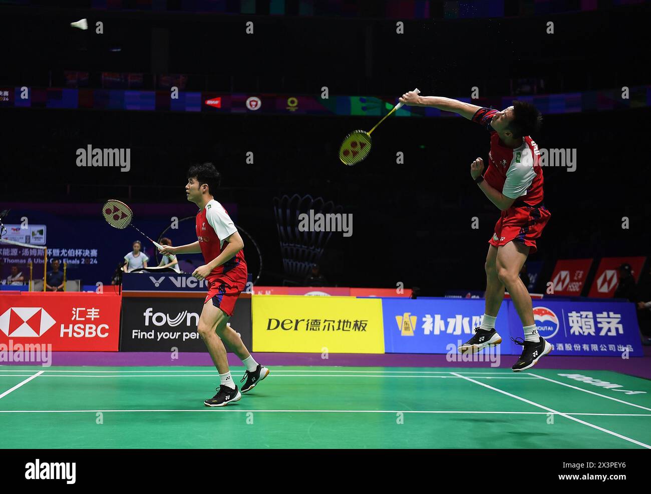 Chengdu, China's Sichuan Province. 28th Apr, 2024. He Jiting/Ren Xiangyu (R) of China compete in the doubles match against lmran Wadia/Nyl Yakura of Canada during the group A match between China and Canada at BWF Thomas Cup Finals in Chengdu, southwest China's Sichuan Province, April 28, 2024. Credit: Hou Zhaokang/Xinhua/Alamy Live News Stock Photo