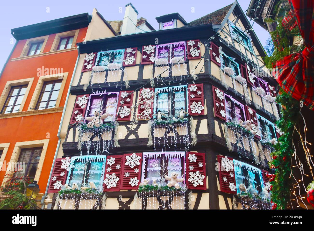 Colmar, France - December 21, 2023: Christmas decorated buildings. Old town. Christmas time Stock Photo