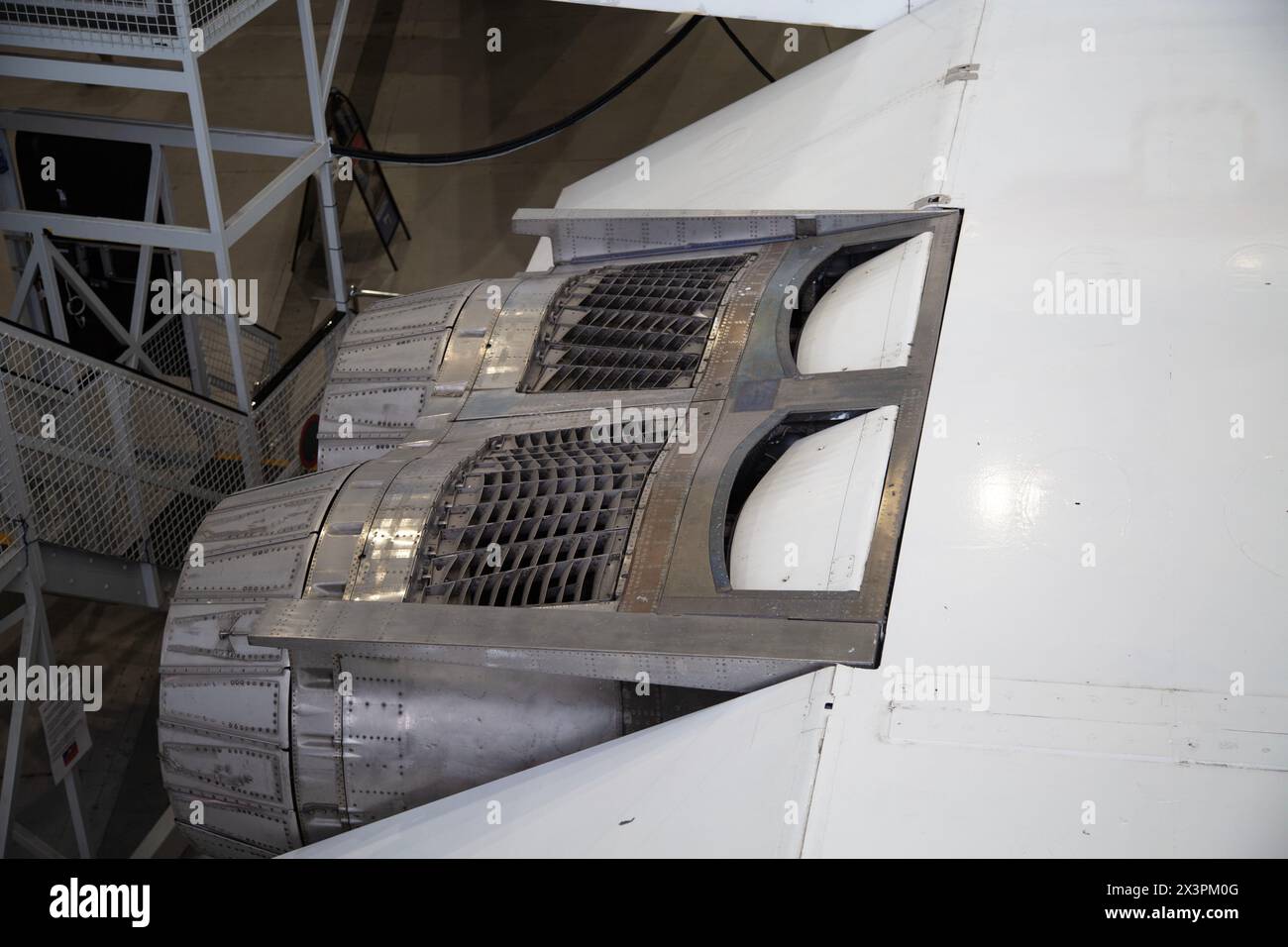 Engine jet pipes, Concorde pre-production development aircraft G-AXDN. Anglo-French supersonic airliner, Mach 2. IWM, Duxford, UK. Stock Photo