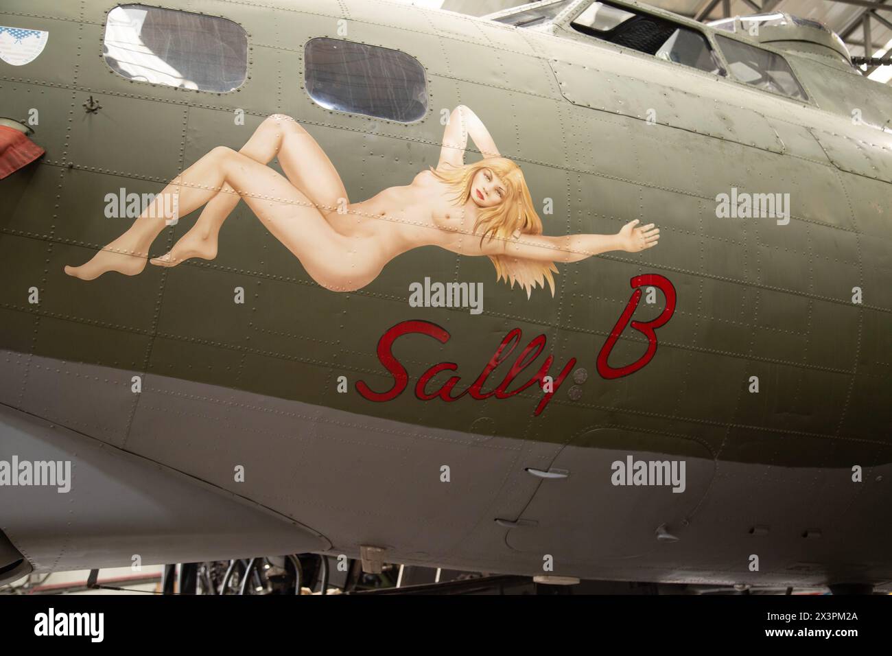 Sally B nose art on Boeing B-17 Flying Fortress, American four-engine World War II heavy bomber. IWM, Duxford, UK Stock Photo