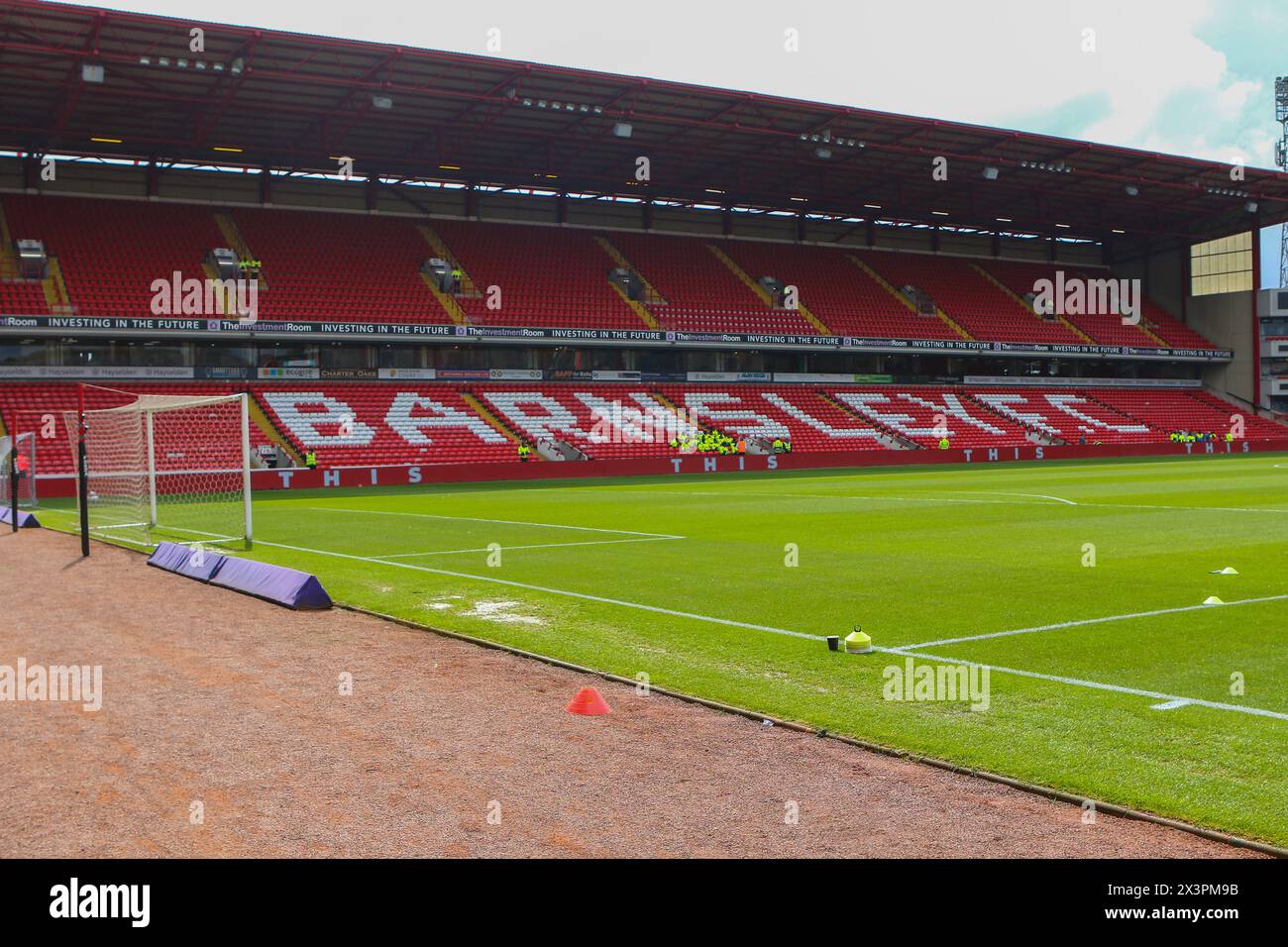 Barnsley 27 April 2024:The large west stand at Barnsley Football Club's Oakwell Stadium/ Stock Photo