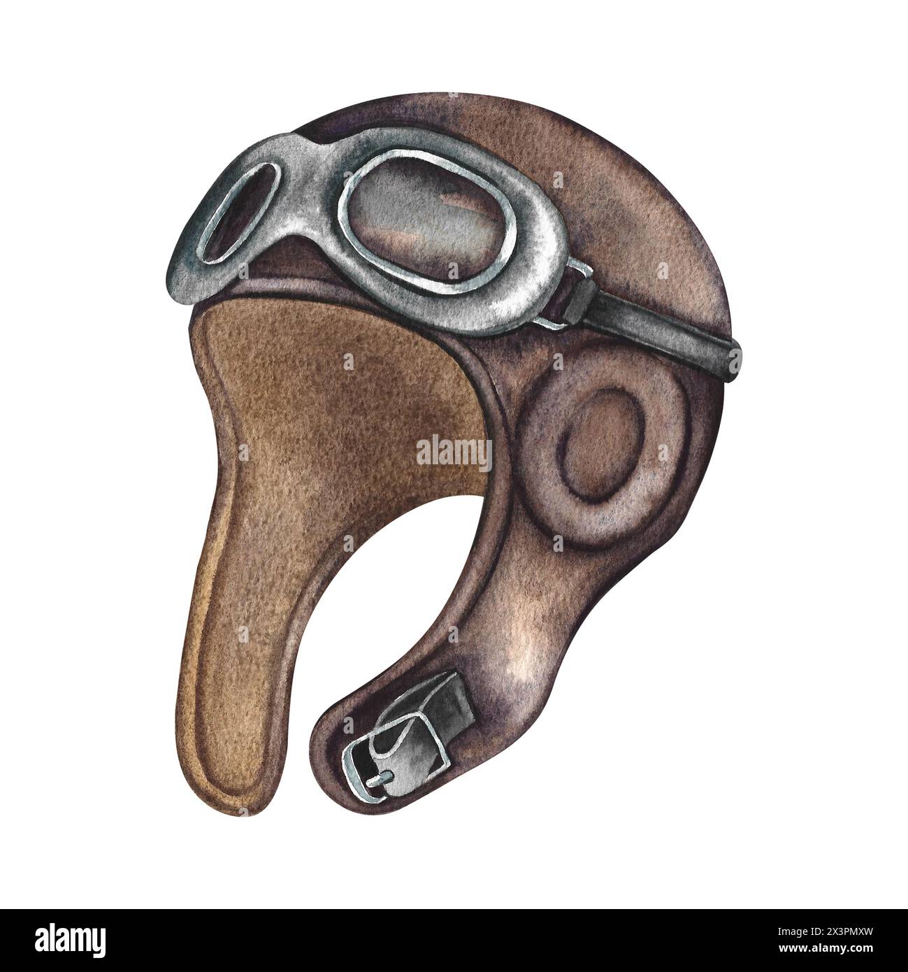 The pilot's helmet. Vintage retro illustration of an antique pilot's protective helmet, made in watercolor by hand. . Isolate it. For banners, flyers, Stock Photo