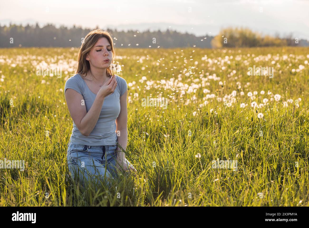 Portrait of a beautiful young woman blowing a dandelion in a flower meadow. Femininity and freedom concepts. Stock Photo