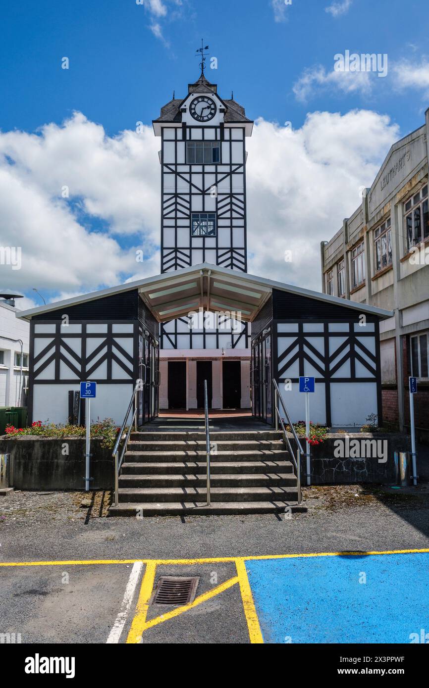 This toilet in the New Zealand town of Stratford is decorated in a mock Tudor style to match the town's famous landmark, the Glockenspiel Clock Tower Stock Photo