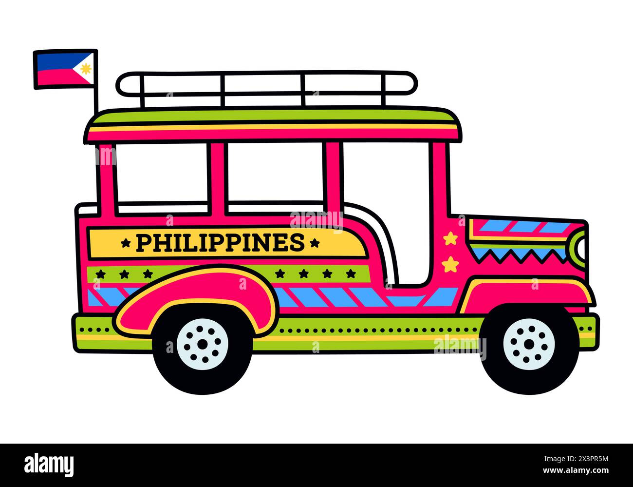 Jeepney, traditional public transport in Philippines. Bright painted bus taxi cartoon drawing, vector illustration. Stock Vector