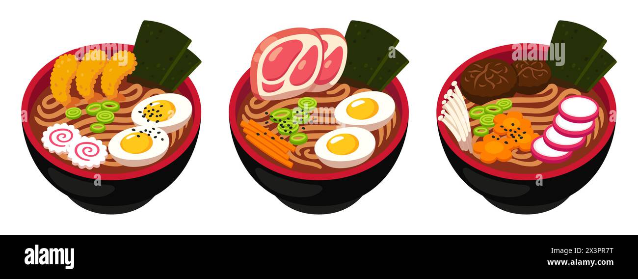 Ramen soup bowl set. Shrimp, pork and vegan traditional Japanese dish with thick udon noodles. Cartoon vector illustration. Stock Vector