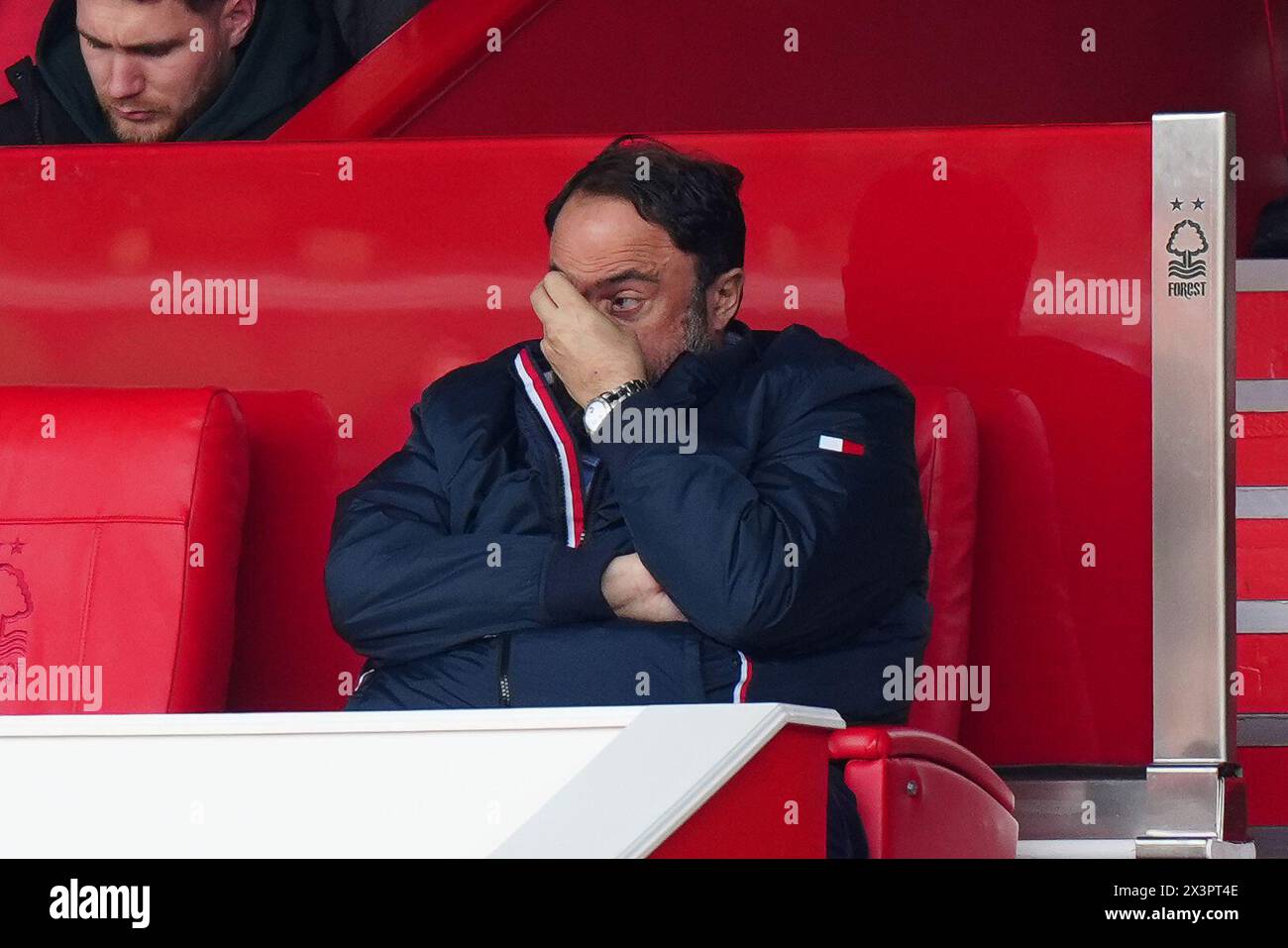 Nottingham Forest owner Evangelos Marinakis reacts in the stands during the Premier League match at the City Ground, Nottingham. Picture date: Sunday April 28, 2024. Stock Photo