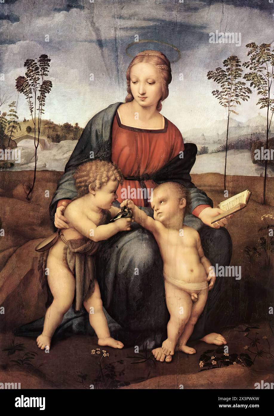 RAFFAELLO Sanzio (b. 1483, Urbino, d. 1520, Roma)  Madonna del Cardellino 1507 Oil on wood, 107 x 77 cm Galleria degli Uffizi, Florence  The Madonna of the Goldfinch, one of Raphael's Florentine panels, was painted by Raphael for the marriage of his friend Lorenzo Nasi and Sandra di Matteo di Giovanni Canigiani. It was severely damaged following the partial collapse of the Nasi house in 1547, as mentioned by Vasari. It was subsequently restored by Ridolfo del Ghirlandaio, the son of the artist who was deeply influenced by Raphael.  The Christ Child is lovingly stroking a goldfinch that the boy Stock Photo