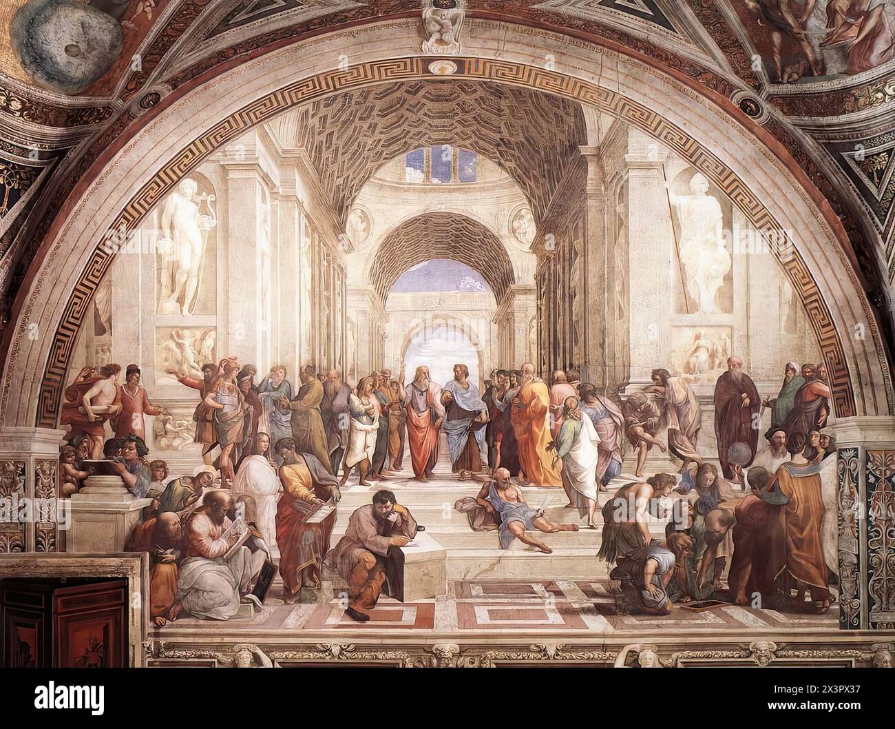 RAFFAELLO Sanzio (b. 1483, Urbino, d. 1520, Roma)  The School of Athens 1509 Fresco, width at the base 770 cm Stanza della Segnatura, Palazzi Pontifici, Vatican  The School of Athens is a depiction of philosophy. The scene takes place in classical times, as both the architecture and the garments indicate. Figures representing each subject that must be mastered in order to hold a true philosophic debate - astronomy, geometry, arithmetic, and solid geometry - are depicted in concrete form. The arbiters of this rule, the main figures, Plato and Aristotle, are shown in the centre, engaged in such Stock Photo