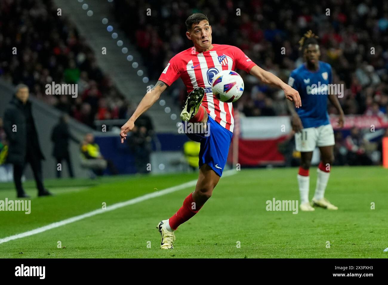 Madrid, Spain. 27th Apr, 2024. Nahuel Molina of Atletico de Madrid during the La Liga match between Atletico de Madrid and Athletic Club played at Civitas Metropolitano Stadium on April 27 in Madrid, Spain. (Photo by Cesar Cebolla/PRESSINPHOTO) Credit: PRESSINPHOTO SPORTS AGENCY/Alamy Live News Stock Photo