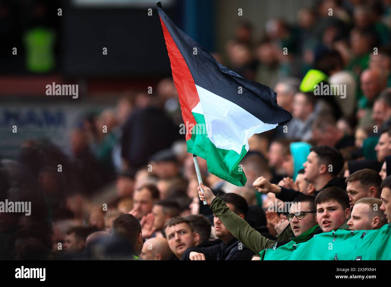 Dens Park, Dundee, UK. 28th Apr, 2024. Scottish Premiership Football, Dundee versus Celtic; Palestinian flag in the Celtic end of the ground Credit: Action Plus Sports/Alamy Live News Stock Photo