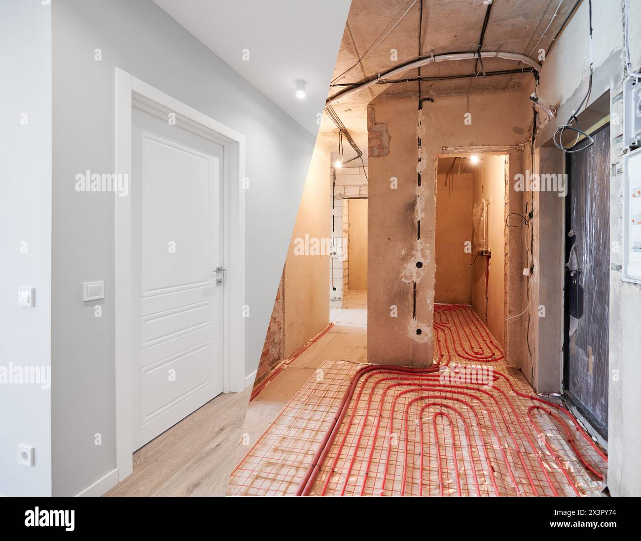 Picture of Comparison of old flat with underfloor heating pipes and new renovated ...