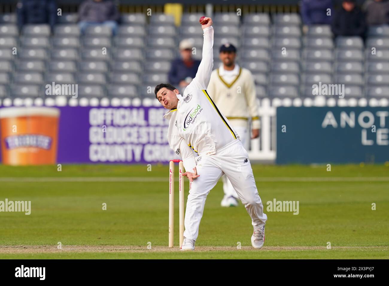 Bristol, UK, 28 April 2024. Gloucestershire's Graeme van Buuren bowling during the Vitality County Championship Division Two match between Gloucestershire and Middlesex. Credit: Robbie Stephenson/Gloucestershire Cricket/Alamy Live News Stock Photo