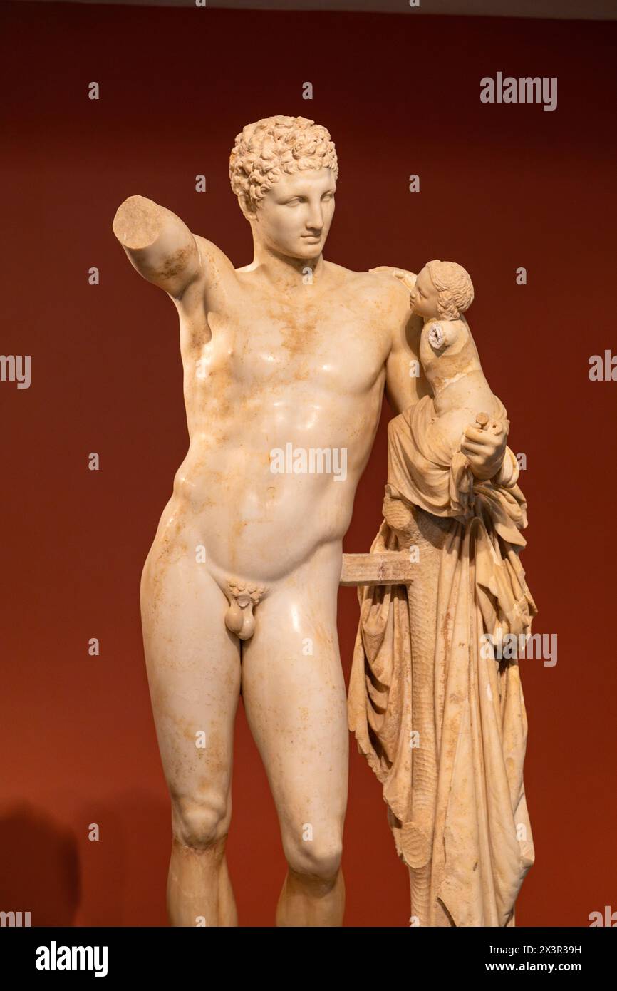 Hermes of Praxiteles also known as  Hermes and the Infant Dionysus, Archaeological Museum of Olympia Stock Photo
