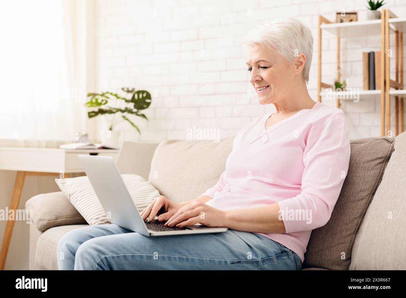 Mature woman typing on her laptop computer Stock Photo - Alamy