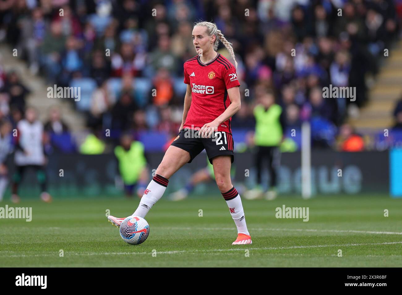 King Power Stadium, Leicester on Sunday 28th April 2024. Millie Turner of Manchester United during the Barclays WomenÕs Super League match between Leicester City and Manchester United at the King Power Stadium, Leicester on Sunday 28th April 2024. (Credit: James Holyoak / Alamy Live News) Stock Photo