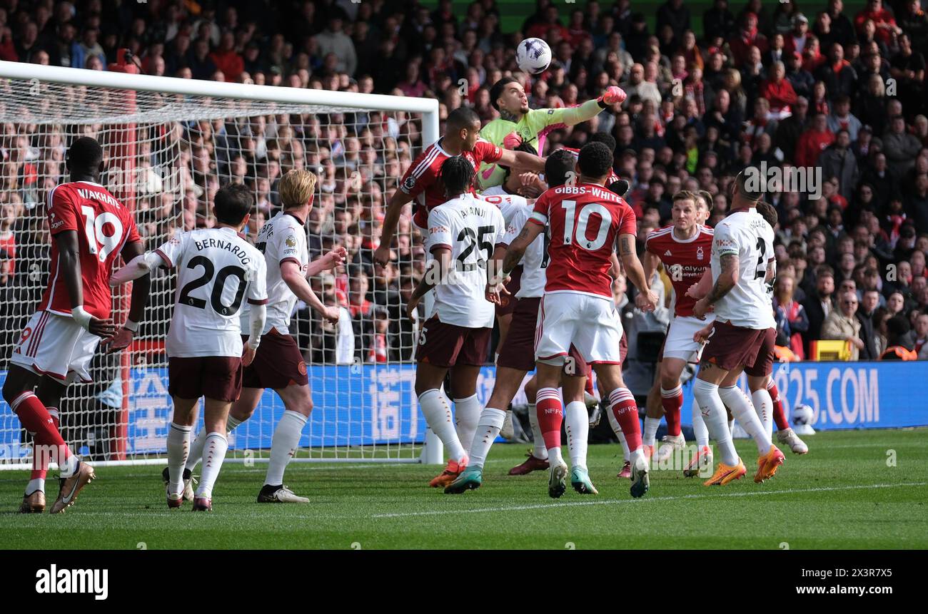 The City Ground, Nottingham, UK. 28th Apr, 2024. Premier League Football, Nottingham Forest versus Manchester City; Ederson of Manchester City misses the catch from corner but the ball is cleared Credit: Action Plus Sports/Alamy Live News Stock Photo