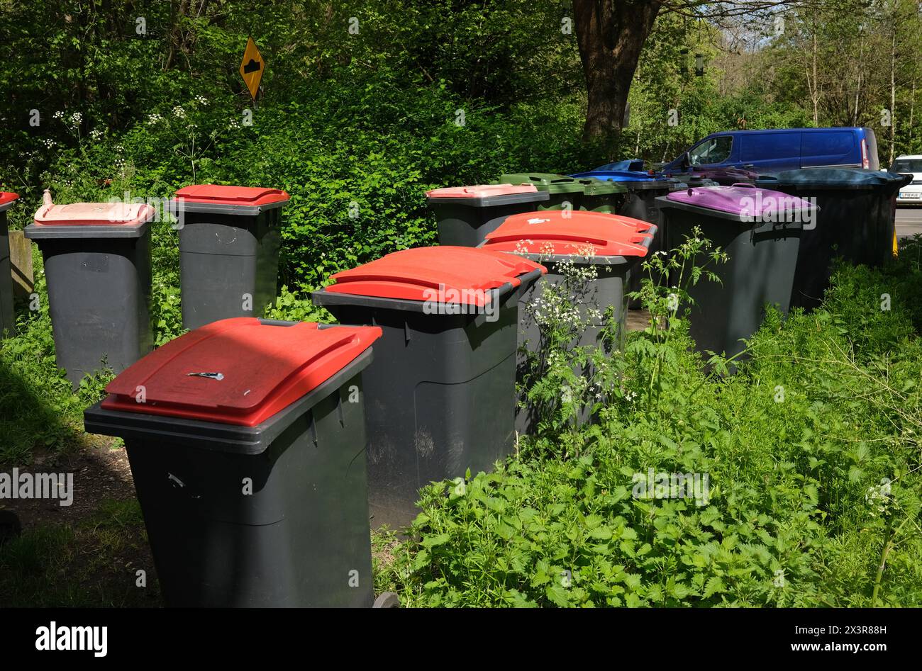 Refuse litter wheelie bins cluttering the countryside in Telford, Shropshire. Stock Photo