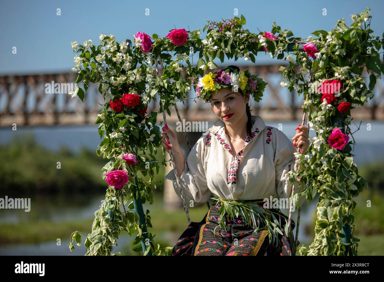 Koinare, Bulgaria - April 28, 2024: Kumicheneto, also called Lazarov Day, is a traditional Bulgarian holiday. Girls who have become women in the last Stock Photo