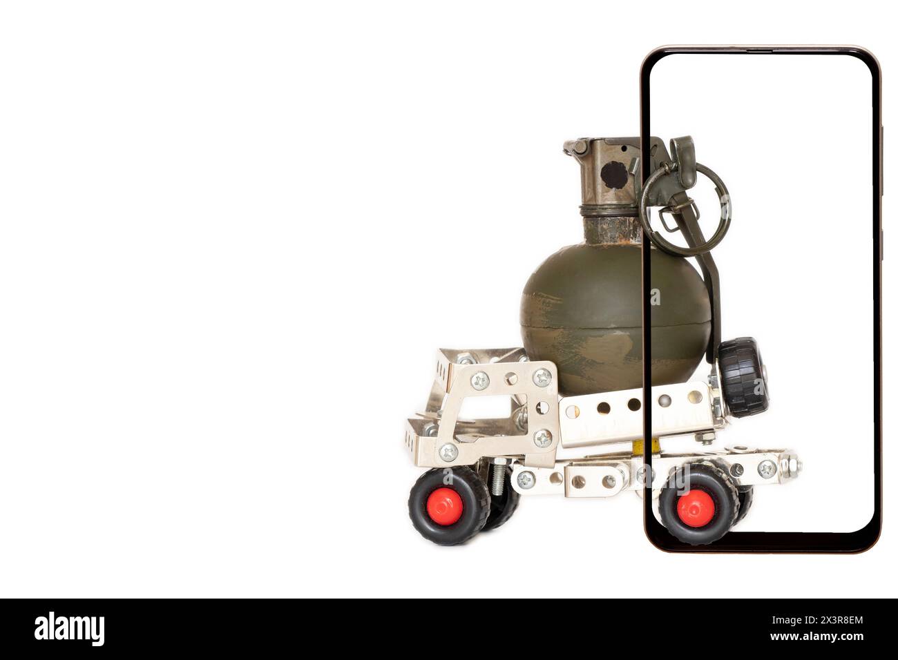 Hand grenade on a children's truck in the phone screen, delivery and purchase online, ammunition delivery Stock Photo