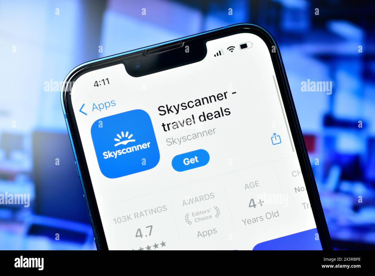 New Delhi, India 28 April 2024 :- Skyscanner app on smartphone use to book cheap flight  and hotel online Stock Photo