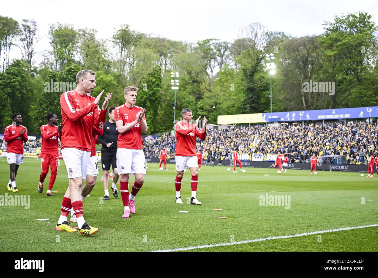 Antwerp's Ritchie De Laet and Antwerp's Zeno Van Den Bosch pictured before a soccer match between Royale Union Saint-Gilloise and Royal Antwerp FC, Sunday 28 April 2024 in Brussels, on day 6 (out of 10) of the Champions' Play-offs of the 2023-2024 'Jupiler Pro League' first division of the Belgian championship. BELGA PHOTO TOM GOYVAERTS Stock Photo