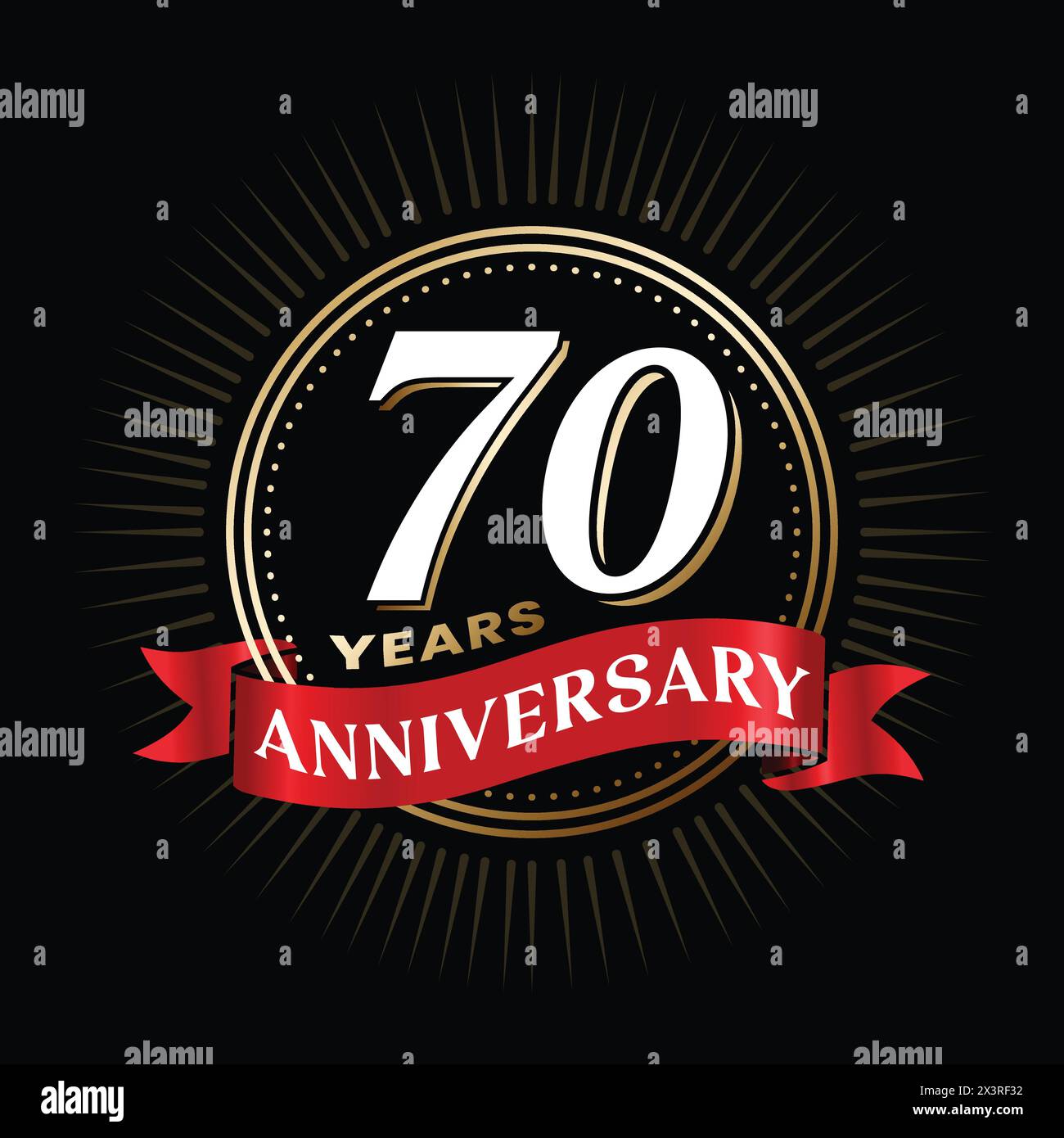 70 years anniversary logo design with red color ribbon and gold shiny circle celebration elements. 70th wedding anniversary poster, template. Company Stock Vector