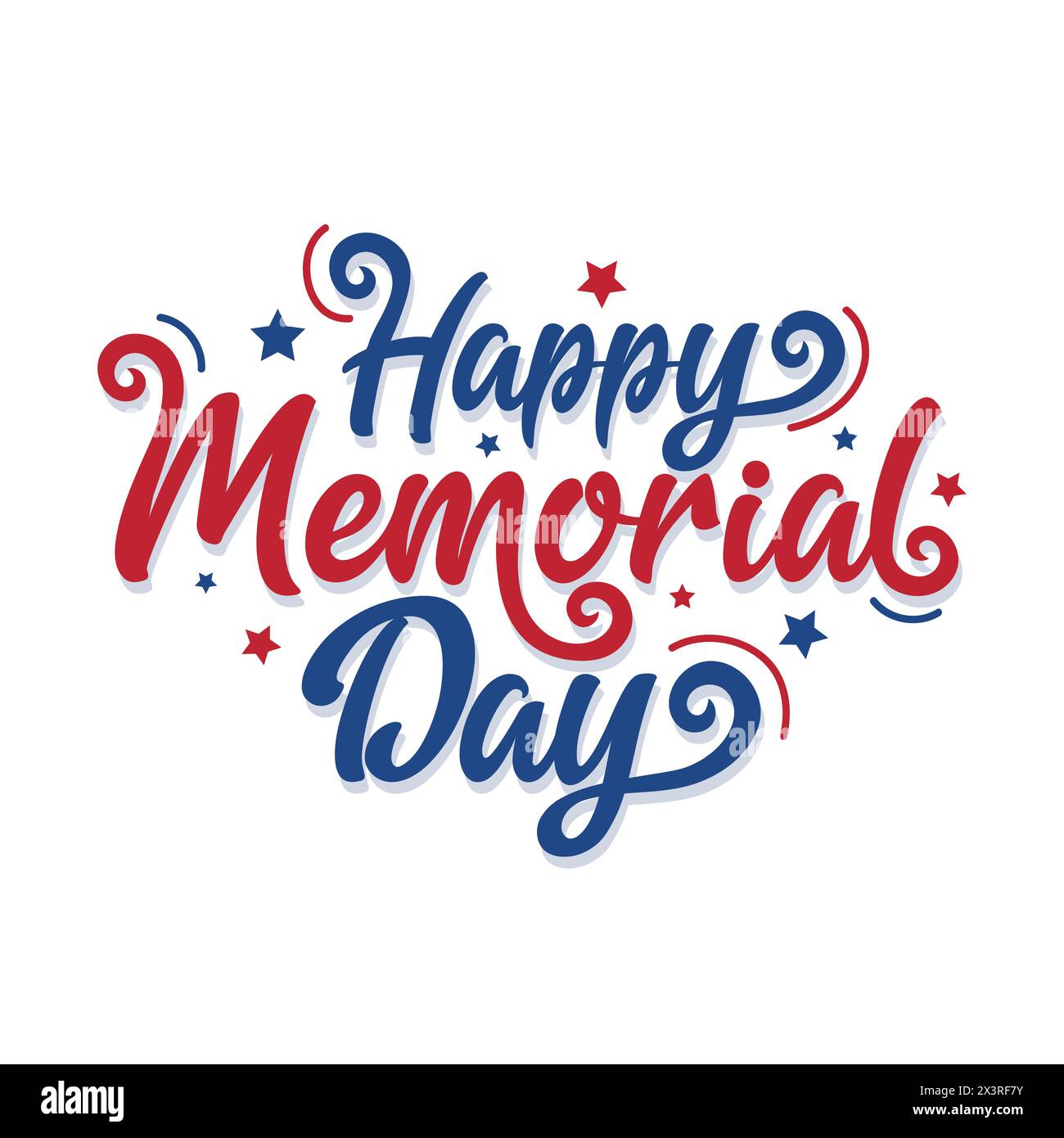 Red and blue color Happy Memorial Day hand drawn lettering for celebrating American national military holiday. Star vectors. Memorial Day logo, poster Stock Vector