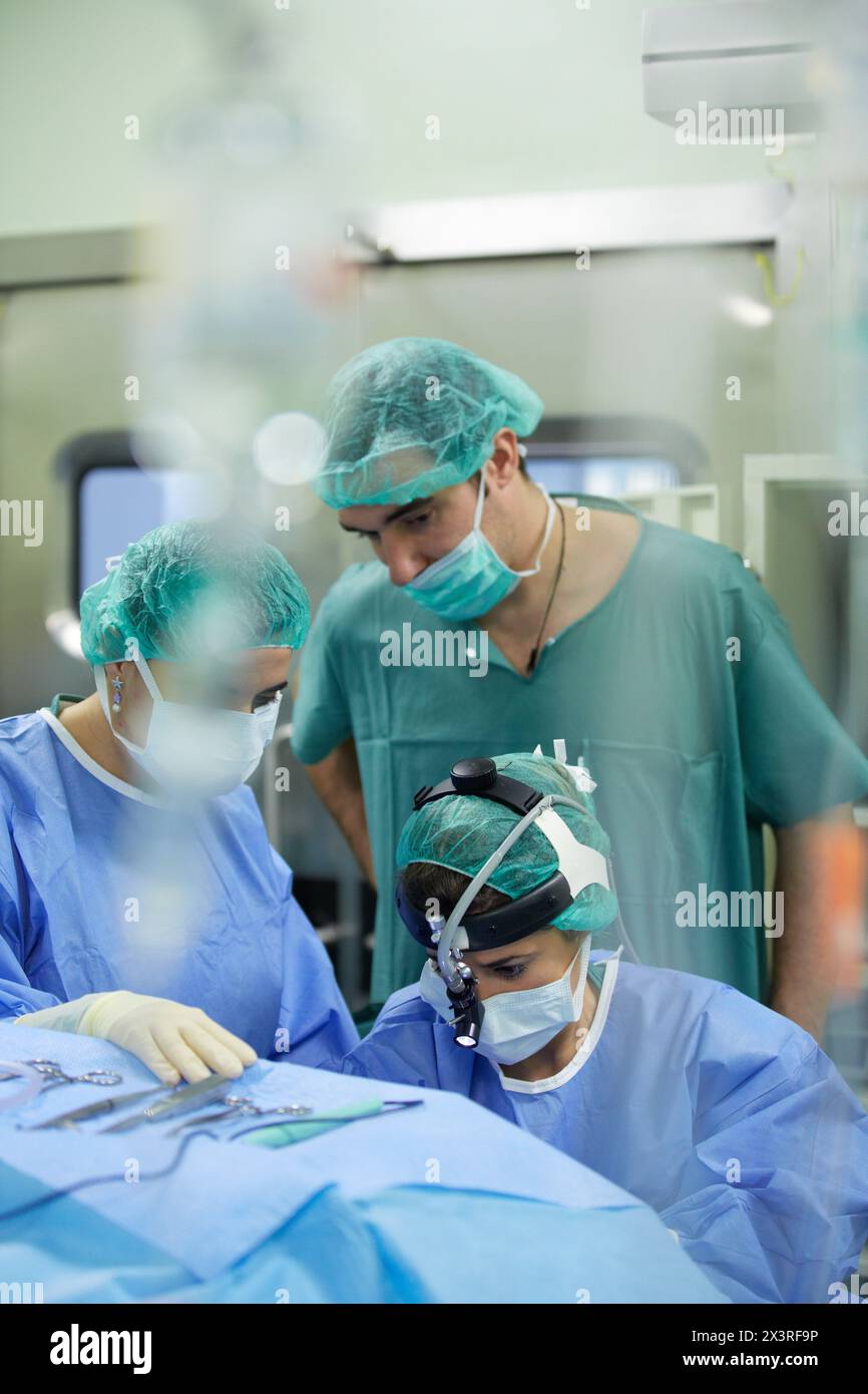 Tonsillectomy, Surgeons performing a tonsillectomy tonsil removal surgery, ORL, Otolaryngology Operating Room, Hospital Donostia, San Sebastian, Gipuz Stock Photo