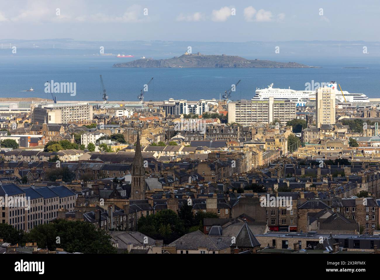 The port of Leith, Edinburgh, with Inchkeith island, the Firth of Forth and, in the distance Fife Stock Photo