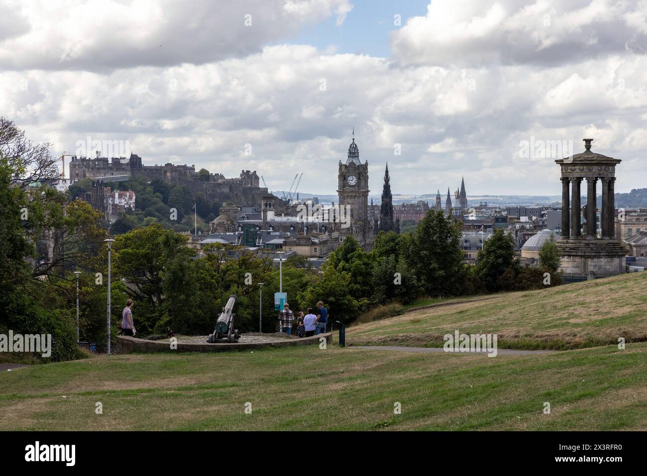 Calton Hill, Edinburgh, with the Balmoral Hotel and Edinburgh Castle in the distance Stock Photo