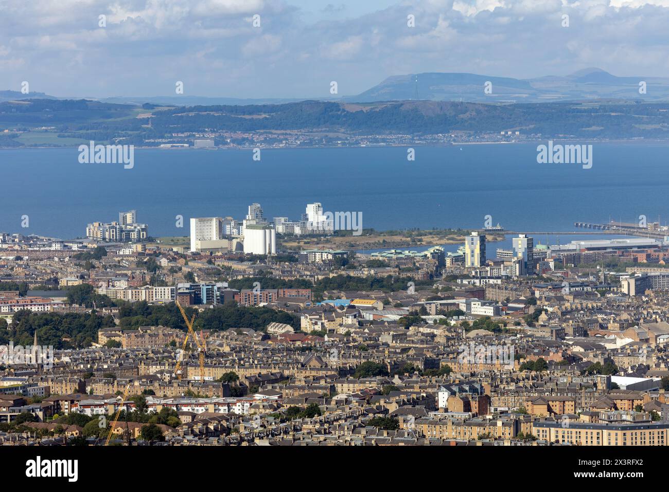 The port of Leith, Edinburgh, with the Firth of Forth and, in the distance, the Fife coast Stock Photo
