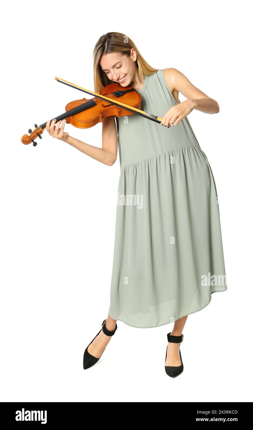 Beautiful woman playing violin on white background Stock Photo - Alamy