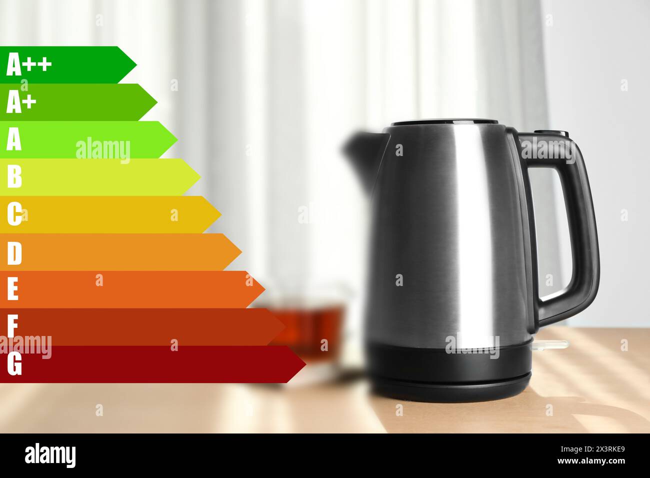 Energy efficiency rating label and electric kettle indoors Stock Photo