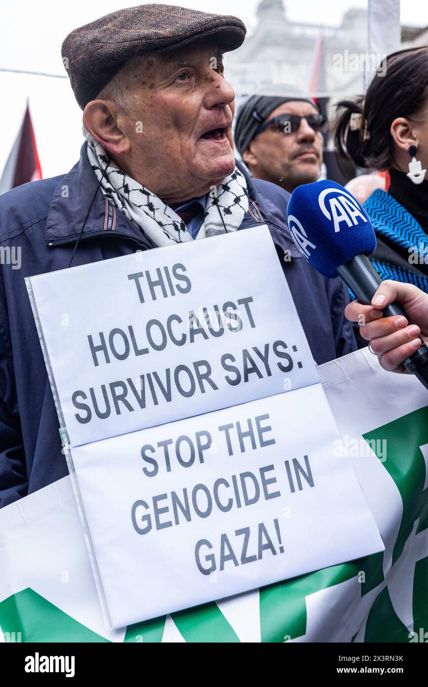 London, UK. 27th April, 2024. Holocaust survivor Stephen Kapos is interviewed before a National Demonstration for Palestine to call for a permanent ceasefire in Gaza. The event was organised by Palestine Solidarity Campaign, Stop the War Coalition, Friends of Al-Aqsa, Muslim Association of Britain, Palestinian Forum in Britain and CND. Credit: Mark Kerrison/Alamy Live News Stock Photo