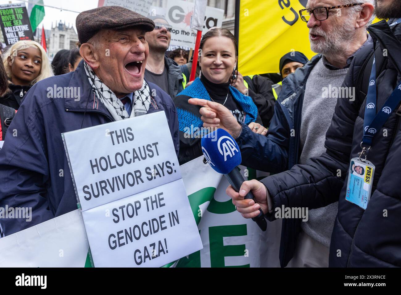 London, UK. 27th April, 2024. Holocaust survivor Stephen Kapos speaks to Jeremy Corbyn MP before a National Demonstration for Palestine to call for a permanent ceasefire in Gaza. The event was organised by Palestine Solidarity Campaign, Stop the War Coalition, Friends of Al-Aqsa, Muslim Association of Britain, Palestinian Forum in Britain and CND. Credit: Mark Kerrison/Alamy Live News Stock Photo