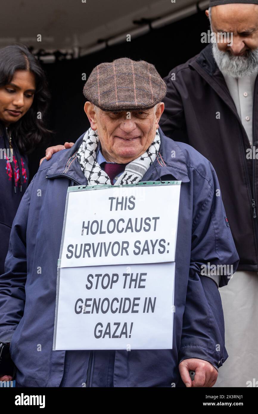 London, UK. 27th April, 2024. Holocaust survivor Stephen Kapos (c) leaves the stage after addressing the National Demonstration for Palestine rally in Hyde Park to call for a permanent ceasefire in Gaza. The event was organised by Palestine Solidarity Campaign, Stop the War Coalition, Friends of Al-Aqsa, Muslim Association of Britain, Palestinian Forum in Britain and CND. Credit: Mark Kerrison/Alamy Live News Stock Photo