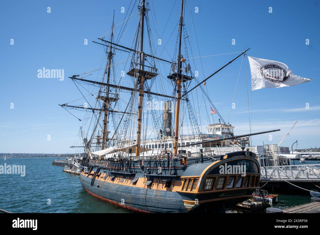 San Diego, CA. April 7, 2024.   The ship now known as HMS Surprise began is a replica of the 18th century Royal Navy frigate Rose. San Diego Maritime Stock Photo