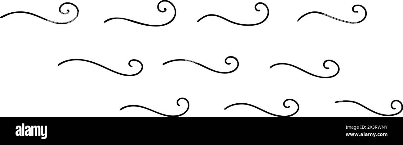 Sea waves or air flow icons. Hand drawn curled simple lines. Sea storm scribble. Vector illustration in doodle style isolated on white background. Stock Vector