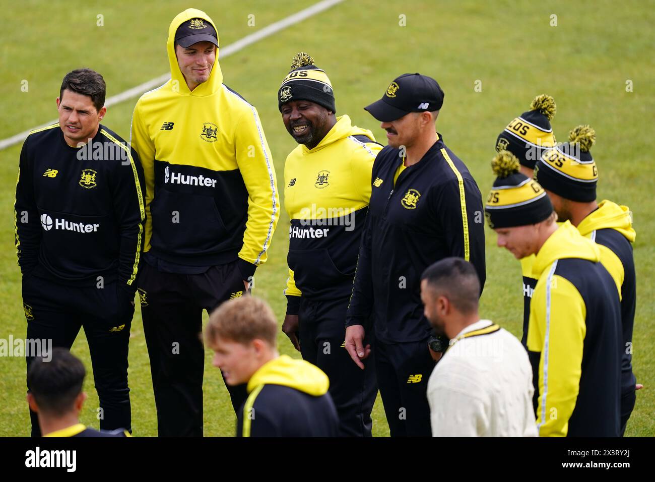 Bristol, UK, 28 April 2024. Gloucestershire Head Coach Mark Alleyne leads the team talk during the Vitality County Championship Division Two match between Gloucestershire and Middlesex. Credit: Robbie Stephenson/Gloucestershire Cricket/Alamy Live News Stock Photo