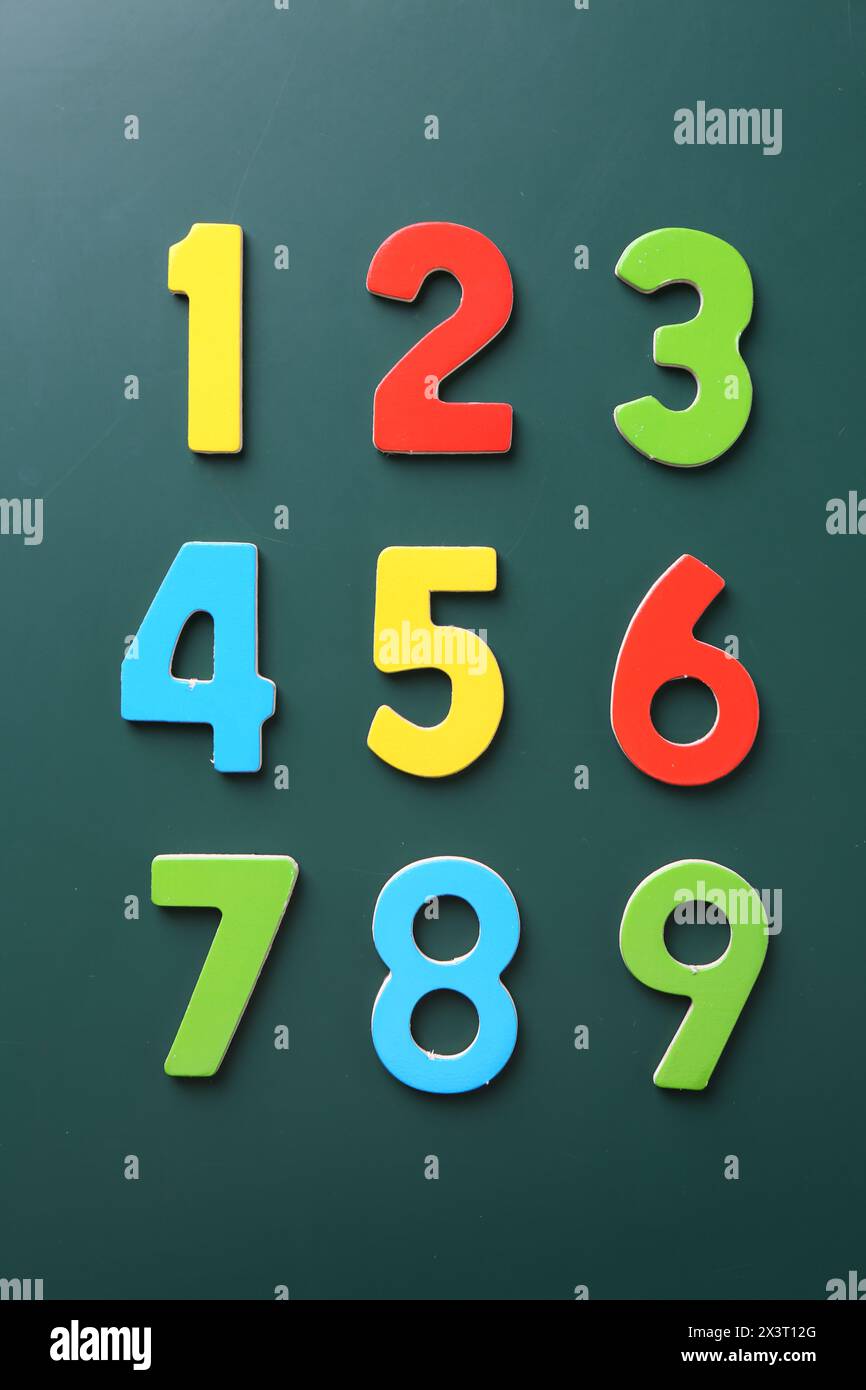 Colorful numbers on green background, flat lay Stock Photo - Alamy