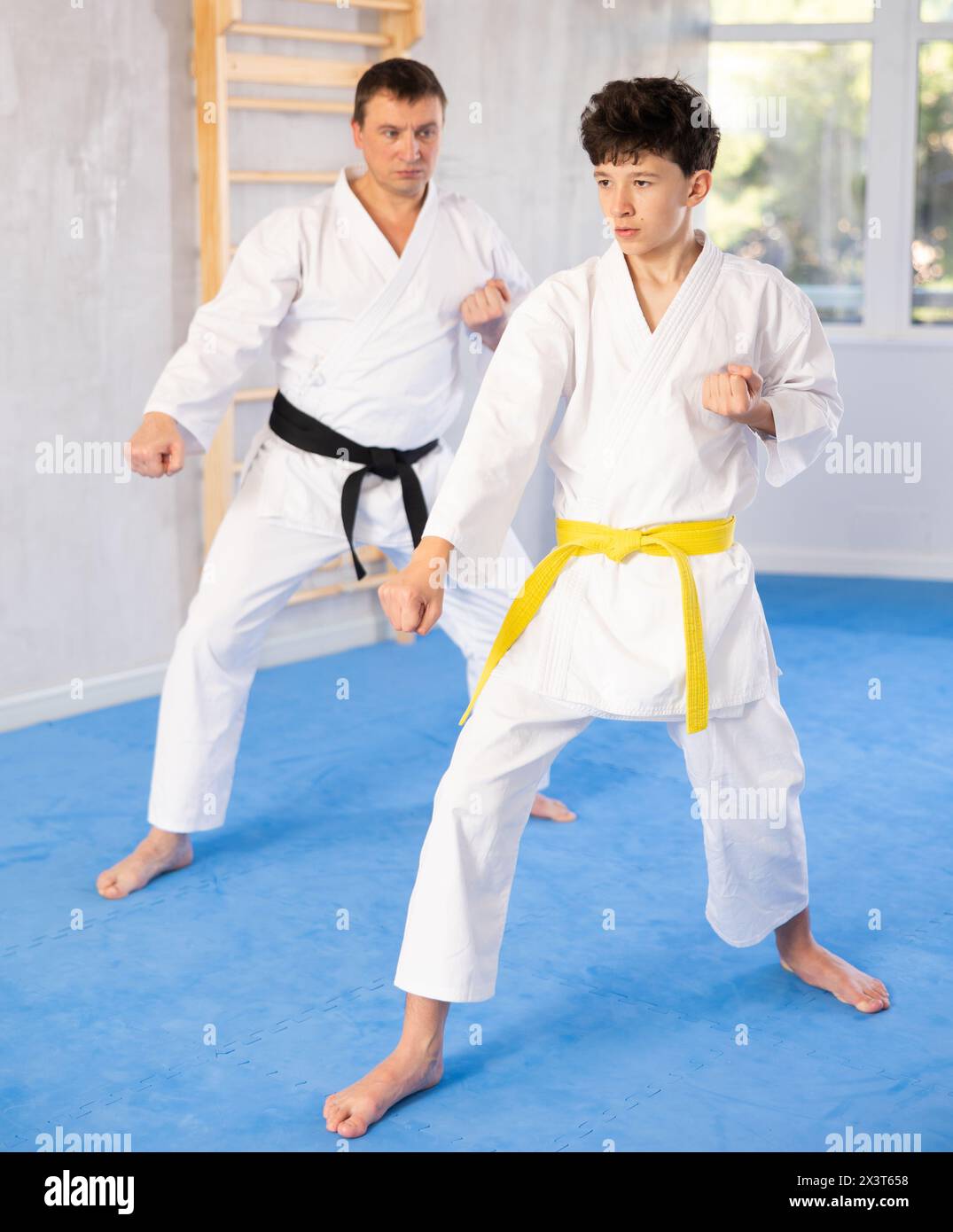 Teen boy and middle-aged man wearing kimono training karate techniques ...