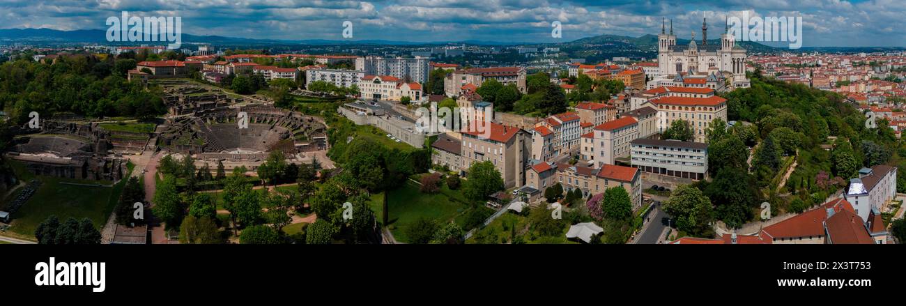 Aerial view of Ancient Theatre of Fourvière and the Basilica of Notre-Dame de Fourvière, and The Odeon of Lyon. Lyon. France. Stock Photo