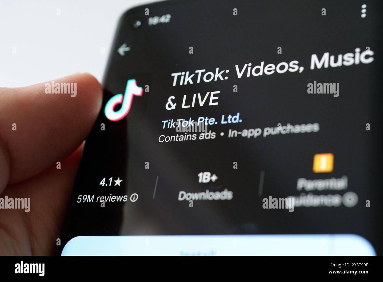 TikTok app seen on the screen of smartphone in android app store. Stafford, United Kingdom, April 28, 2024 Stock Photo