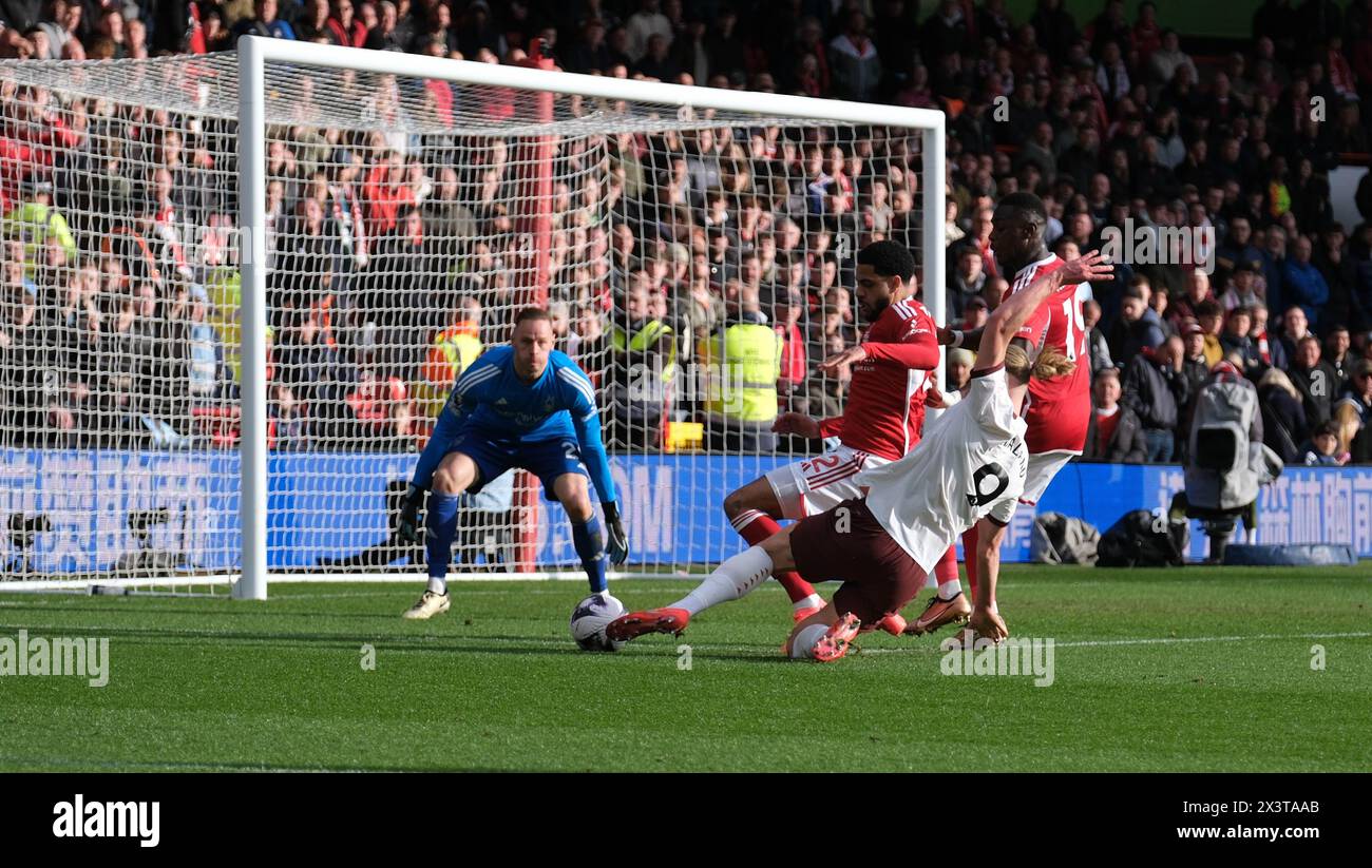 The City Ground, Nottingham, UK. 28th Apr, 2024. Premier League Football, Nottingham Forest versus Manchester City; Erling Haaland of Manchester City shoots at goal Credit: Action Plus Sports/Alamy Live News Stock Photo