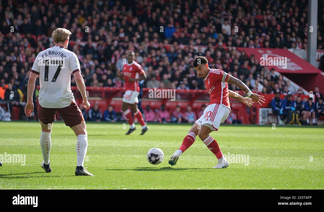 The City Ground, Nottingham, UK. 28th Apr, 2024. Premier League Football, Nottingham Forest versus Manchester City; Morgan Gibbs-White of Nottingham Forest passing the ball forward Credit: Action Plus Sports/Alamy Live News Stock Photo